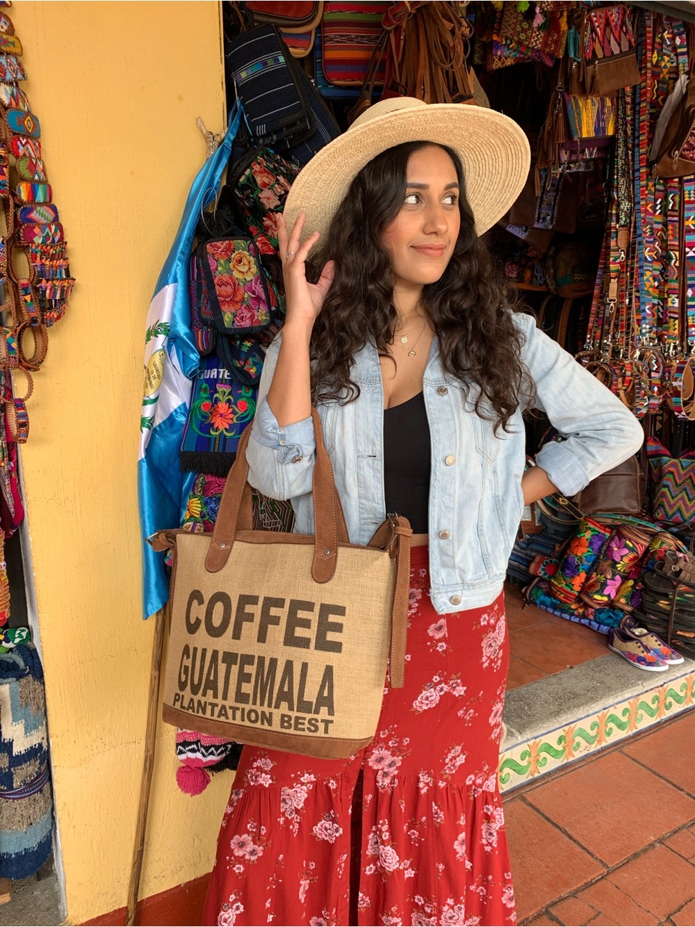 Coffee Guatemala Burlap Tote Bag with Leather Straps - Natural & Brown